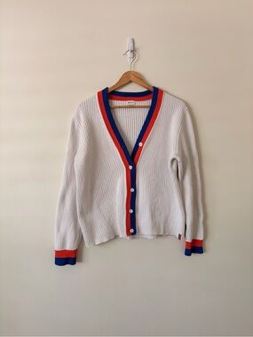 KULE White V-Neck Ribbed Cardigan with Red & Blue Trim